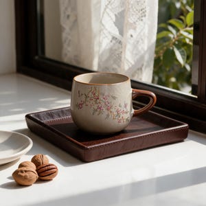Puede incluir: Una taza de cerámica beige con asa marrón y diseño floral se encuentra sobre una bandeja cuadrada marrón oscuro. La taza presenta flores rosas y hojas verdes. Un plato blanco y nueces están en primer plano.