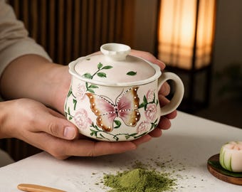 Hand-Painted Butterfly Tea Cup with Lid, Ceramic Vintage Cottagecore Mug, Rustic Afternoon Tea Cup, Elegant Gift for Tea Lovers
