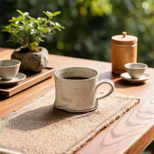 May include: A speckled white ceramic coffee mug filled with dark liquid sits on a jute placemat. A small teacup and saucer, a wooden container, and a small potted plant are also on the wooden table. The background is blurred.