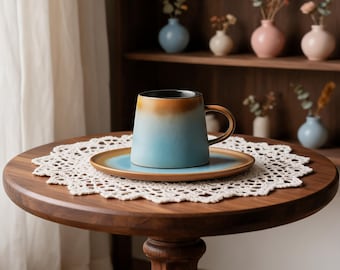 Tazza da caffè e piattino in ceramica con sfumatura blu, realizzati a mano, tazza da latte moderna in gres, tazza da tè minimalista artigianale, regalo per gli amanti del caffè.