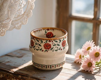 Taza de café de cerámica roja con estampado floral pintado a mano, taza de té rústica vintage, taza de cerámica estilo cottagecore, regalo único para el hogar y la oficina.
