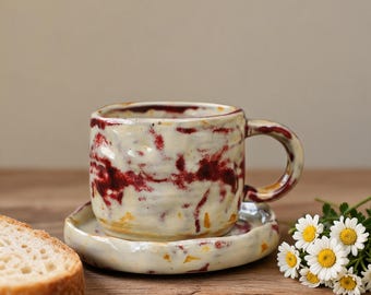 Tazza da caffè e piattino in ceramica con smalto rosso a goccia, realizzati a mano, tazza da tè artistica in gres, tazza da latte unica e artigianale, regalo per gli amanti del caffè.