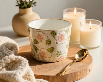 Taza de té de cerámica rosa con estampado floral pintada a mano, taza de café estilo cottagecore vintage, taza artesanal para latte y espresso,