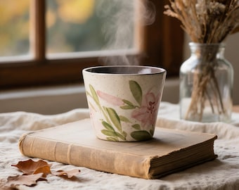 Taza de café de cerámica pintada a mano con diseño floral en rosa y verde, taza de té con acuarela, taza de cerámica artesanal, regalo único para el hogar y la oficina.