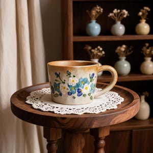 Könnte beinhalten: Eine Keramiktasse mit einem Blumendesign aus blauen und weißen Blumen. Die Tasse hat einen braunen Rand und Henkel und steht auf einem Holztablett mit einer weißen Spitze. Die Tasse steht auf einem kleinen Holztisch.