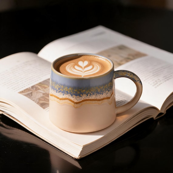 Handmade Ceramic Coffee Mug, Rustic Stoneware Tea Cup, Drip Glaze Pottery Mug, Blue Brown Latte Mug, Unique Coffee Lover Gift