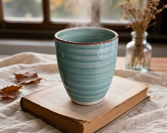 Taza de café de cerámica azul aguamarina hecha a mano, taza de café con leche moderna a rayas, taza rústica artesanal para té y espresso.