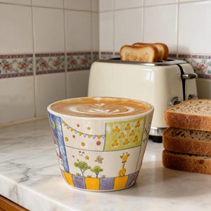 Könnte beinhalten: Eine Keramik-Kaffeetasse mit einem farbenfrohen, skurrilen Design, gefüllt mit einem Latte mit Latte Art. Das Design der Tasse zeigt eine Giraffe, Bäume und eine Nachtszene. Daneben befindet sich ein Toaster mit zwei Toastscheiben und ein Stapel Brot.