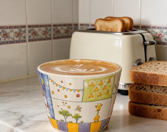 Taza de café de cerámica con coloridos animales pintados a mano, taza de té original, taza infantil con diseño de patchwork, regalo único para amantes del café y el té.