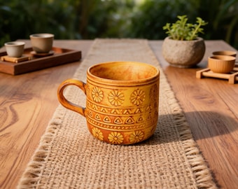 Taza de café de cerámica tallada a mano, taza de té rústica de color naranja y amarillo, cerámica de estilo vintage cottagecore, regalo artesanal único para amantes del café.