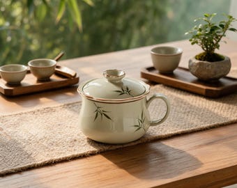 Hand-Painted Bamboo Leaf Tea Mug with Lid, Ceramic Vintage Cottagecore Cup, Unique Gift for Tea Lovers