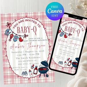 BBQ Baby Shower Invitation Template, Baby-Q Mobile Invite, Summer Barbeque Red Gingham Printable or Digital Baby Shower Editable Invites