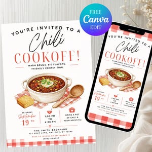 Chili Cookoff-uitnodigingssjabloon, Chili Cook Off-wedstrijduitnodiging, bewerkbare afdrukbare en digitale uitnodiging mobiele flyer chili kookwedstrijd