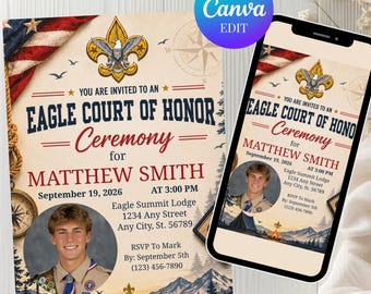 Eagle Court Of Honor Ceremony Invitation, Custom Photo Eagle Scout Digital Invite, Printable Award Banquet Invite Template, Edit In Canva