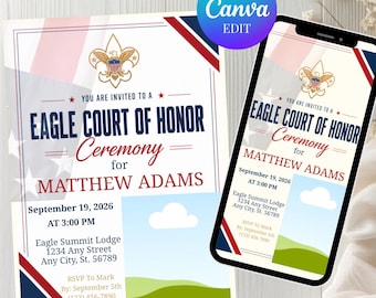 Eagle Court Of Honor Ceremony Invitation, Custom Photo Eagle Scout Digital Invite, Printable Award Banquet Invite Template, Edit In Canva
