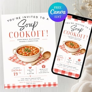 Suppen-Cookoff-Einladungsvorlage, Suppen-Cook-Off-Contest einladen, bearbeitbare druckbare und digitale Einladung, Soup-Cookoff-Competition-Mobiler-Flyer
