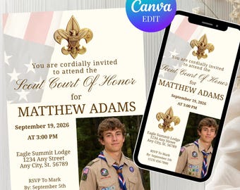 Scout Court Of Honor Ceremony Invitation, Custom Photo Eagle Scout Digital Invite, Printable Award Banquet Invite Template, Edit In Canva