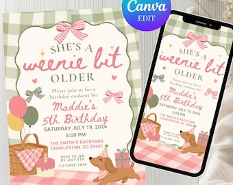 Weenie Bit Older Birthday Invitation Template, Custom Age Dachshund Dog Party B-Day Invite, Editable Canva Birthday Invite, 5x7 & Mobile