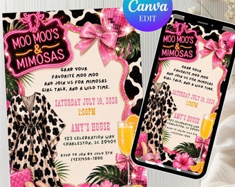 Moo Moo's & Mimosas Invitation Template, Mumu And Mimosa Party Invite, Printable and  Mobile Ladies Night Cow Pajama Party Birthday Invite