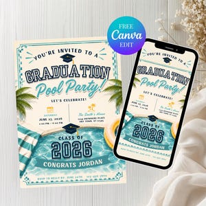 May include: A graduation pool party invitation with a vintage design. The invitation features a pool graphic, palm trees, and the text "Graduation Pool Party!" The invitation is also displayed on a smartphone.