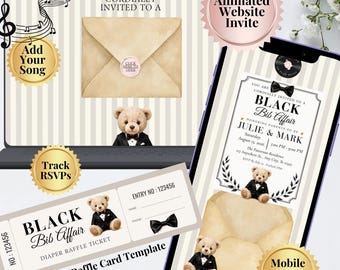 Szablon interaktywnego zaproszenia na baby shower Black Bib Affair, interaktywna animowana strona internetowa z misiem w czarnym krawacie i posypką dla niemowląt