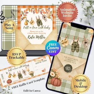 May include: An animated baby shower invitation template featuring a fall-themed plaid background, a clothesline with baby clothes, and an envelope graphic. Text includes Fall in love with baby, Katie Miller, and RSVP Trackable. Mobile and desktop view.