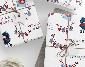 Custom Baby-Q Baby Shower Gift Wrap, Personalized Name Summer Barbeque Baby Themed Welcome Baby Wrapping Paper Roll New Baby Present Wrapper