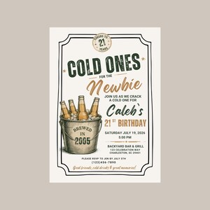 May include: A 21st birthday invitation card featuring a sketch of a metal bucket filled with beer bottles. The text reads COLD ONES FOR THE NEWBIE, Caleb's 21ST BIRTHDAY, BREWED IN 2005, and includes event details for Saturday July 19, 2026, at 5:00 PM.