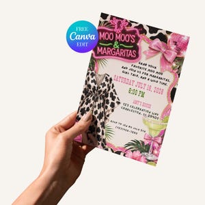 May include: A rectangular party invitation featuring a cow print pattern, a pink neon sign reading MOO MOO'S & MARGARITAS, a disco ball, a pink bow, a margarita glass, and a kaftan. Text includes event details for Saturday July 18, 2026.