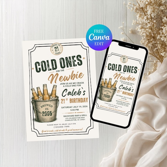 21st Birthday Invitation Template, Cold Ones For The Old One Party Invite For Him, Brewed in 2005 Printable & Mobile Invite For 21 Years Old