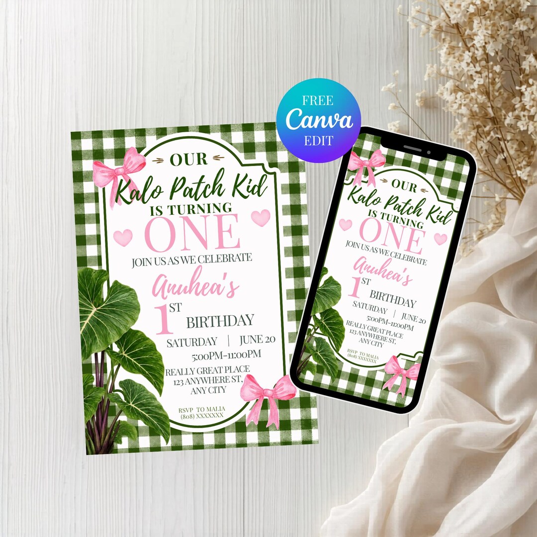 Taro Patch Kid Palaka Bow First Birthday Invite Template, Baby Girl 1st ...