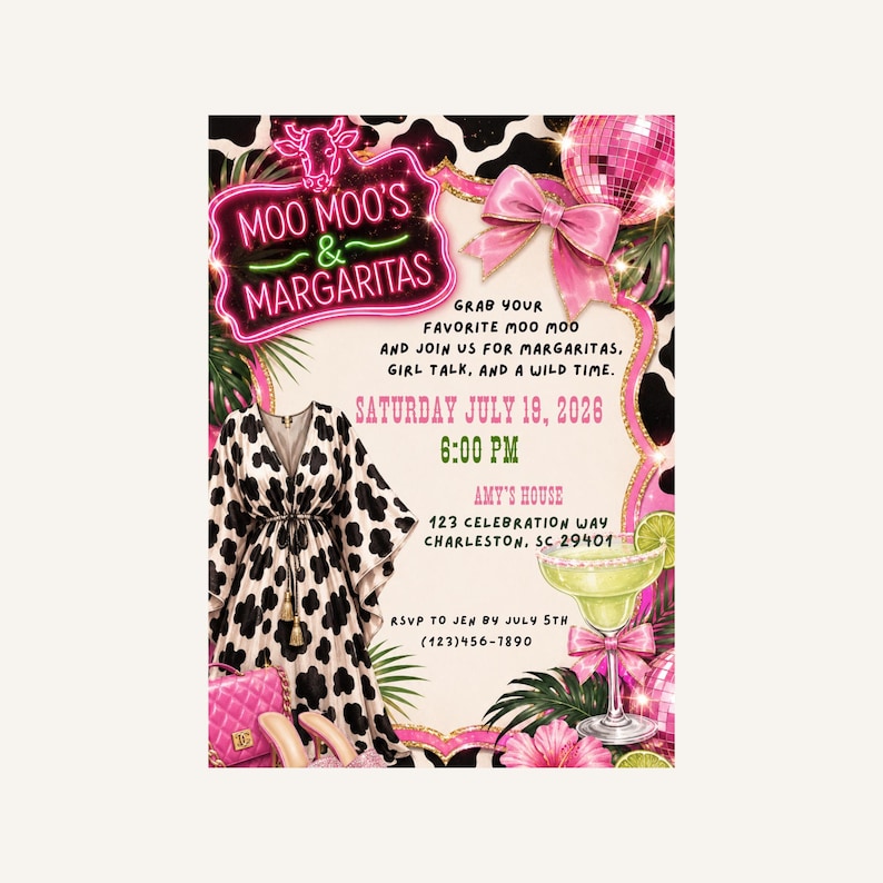 Moo Moo's & Margaritas Invitation Template, Mumu And Margs Party Invite, Printable and Mobile Ladies Night Cow Pajama Party Birthday Invite image 4