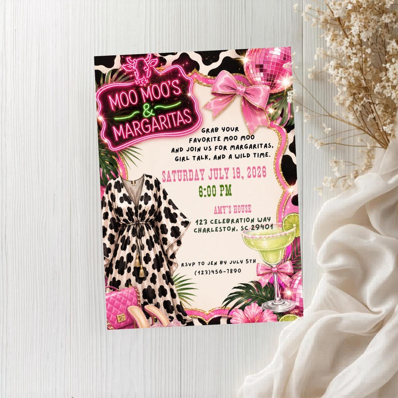 Moo Moo's & Margaritas Invitation Template, Mumu And Margs Party Invite, Printable and Mobile Ladies Night Cow Pajama Party Birthday Invite image 5