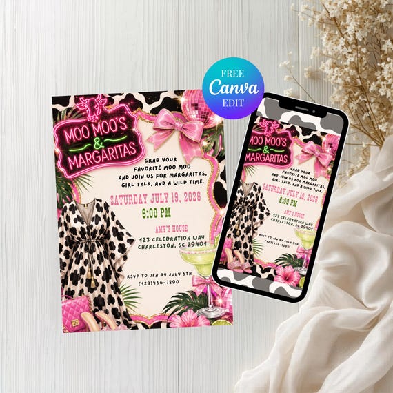 Moo Moo's & Margaritas Invitation Template, Mumu And Margs Party Invite, Printable and  Mobile Ladies Night Cow Pajama Party Birthday Invite
