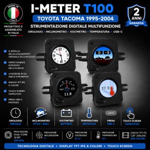 Pode incluir: Instrumento multifuncional digital I-METER T100 para Toyota Tacoma 1995-2004. Possui uma caixa quadrada preta com tela sensível ao toque colorida TFT IPS exibindo relógio, inclinômetro, voltímetro e dados de temperatura com porta USB-C.