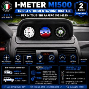Op de afbeelding: Het I-METER MI500 drievoudige digitale instrumentenpaneel voor een Mitsubishi Pajero uit 1991-1999 bevat drie ronde displays: een analoge klok, een digitale hellingsmeter-afbeelding en een kompas. De unit heeft een 1,85-inch TFT IPS-scherm.