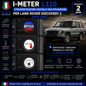 May include: The I-METER L110 is a digital multifunction instrument for Land Rover Discovery 2 vehicles from 1998-2005. It features a touch screen display showing pitch, roll, cabin temperature, and battery voltage, replacing the original clock.