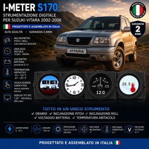 Può includere: Strumentazione digitale I-METER S170 per Suzuki Vitara 2002-2006. Include inclinometro, orologio digitale, voltmetro e temperatura abitacolo con display touch screen TFT IPS da 1,28 pollici. Progettato e assemblato in Italia.