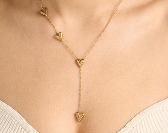 Heart Lariat Necklace, Y Necklace for Women, Multi Heart Necklace, Dainty Gold Necklace, Minimalist Necklace, Gift for Her