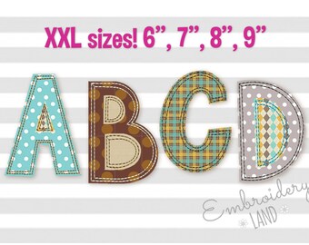 6", 7", 8", 9" sizes Free Edge Raggy Applique Alphabet Font Machine Embroidery Design 4 sizes Uppercase, Small letters and Numbers AL064