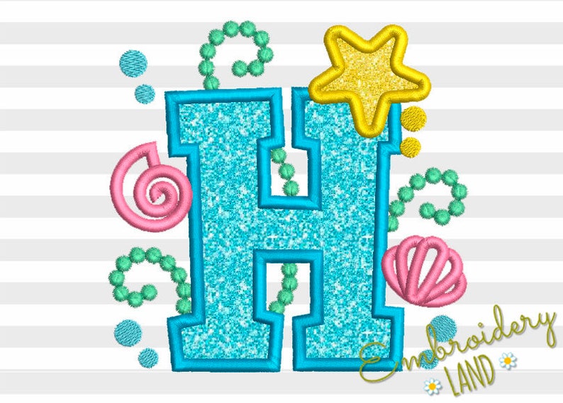 Cute Mermaid Sea Letter H Applique Embroidery Design for Baby Etsy