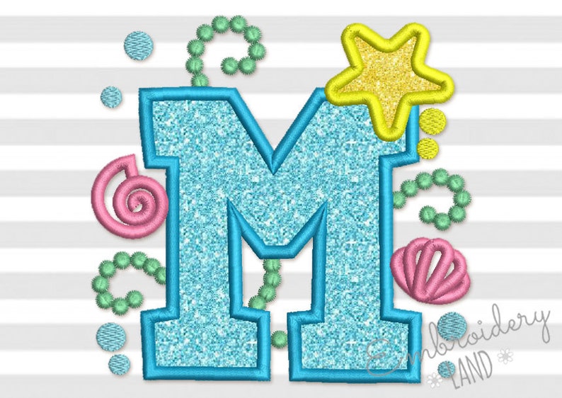 Cute Mermaid Sea Letter M Applique Embroidery Design for ...