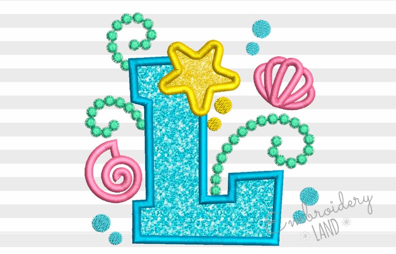 cute mermaid sea letter l applique embroidery design for baby etsy