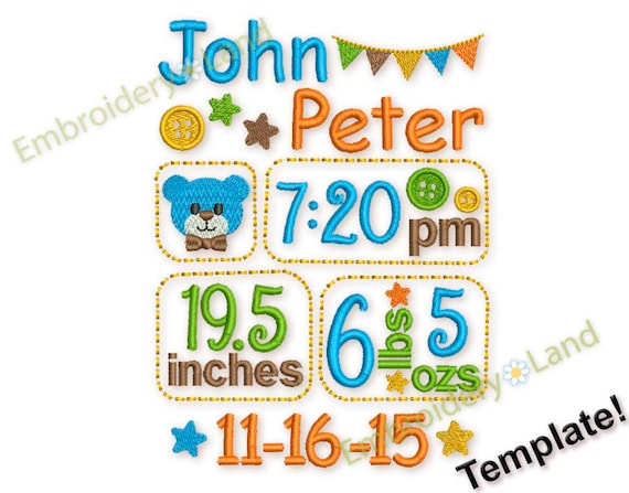 birth baby boy announcement template embroidery designs set etsy