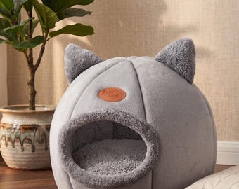 Cat Ear Cave Bed | Cozy Igloo Pet House, Removable Cushion, Warm Winter Nest