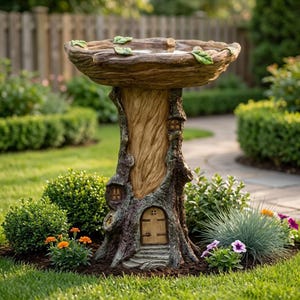 Bain d'oiseau enchanté pour souche d'arbre – Décoration de jardin boisé maison de fée, accent nature en résine