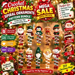 May include: A crochet pattern bundle for Christmas spiral ornaments featuring ten characters including Santa, a snowman, penguin, gingerbread person, elf, reindeer, Mrs. Claus, gnome, angel, and bear, all with red, green, and white spiral bodies.