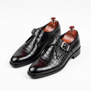 Handmade Black Crocodile Embossed Leather Monk Strap Shoes for Men | Men's Single Monk Strap Dress Shoes | Vintage Leather Groomsmen Gift