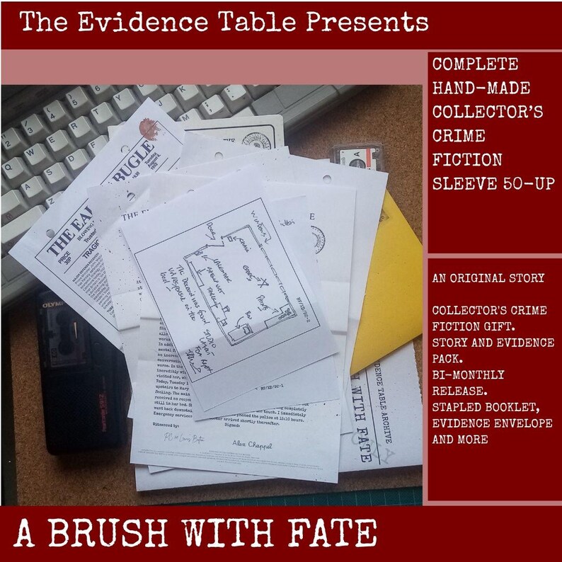 May include: A collection of crime fiction documents including a hand-drawn floor plan, The Eagle Bugle newspaper, and an evidence envelope. The set features a stapled booklet and various papers labeled The Evidence Table Presents A Brush With Fate.