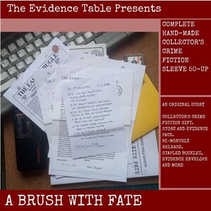 May include: A collection of crime fiction documents including a handwritten police log, a newspaper titled The Eagle Bugle, and an evidence envelope. The text includes The Evidence Table Presents, A Brush With Fate, and details about a crime story pack.
